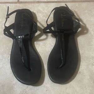 Cole Haan Black Patent T-Strap Ankle Buckle Sandals